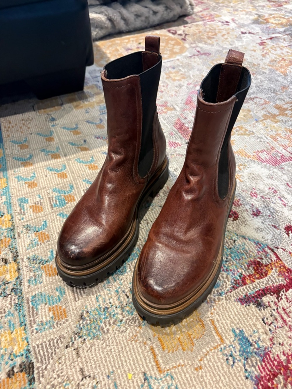 Women's Brown Leather Chelsea Booties with Lug Sole